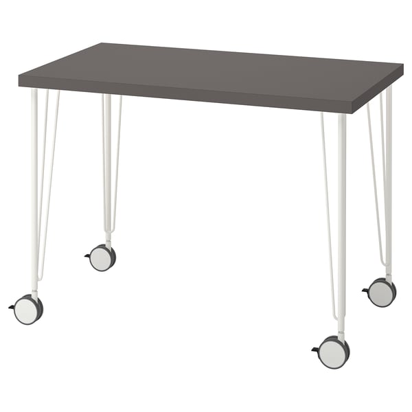 LINNMON desk, grey top, white legs with wheels.
