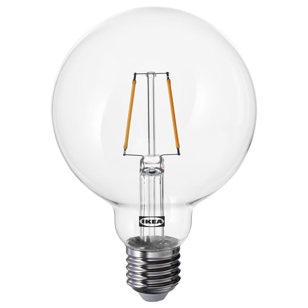 Ikea LUNNOM bulb: clear glass, warm white led, vintage filament design, spherical shape.