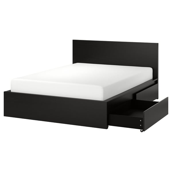 A black MALM storage bed with a sleek, modern design. It a headboard and four drawers for storage.