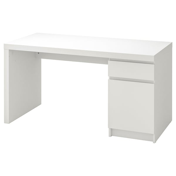 White ikea MALM desk, minimalist design, rectangular shape, with drawer for storage.