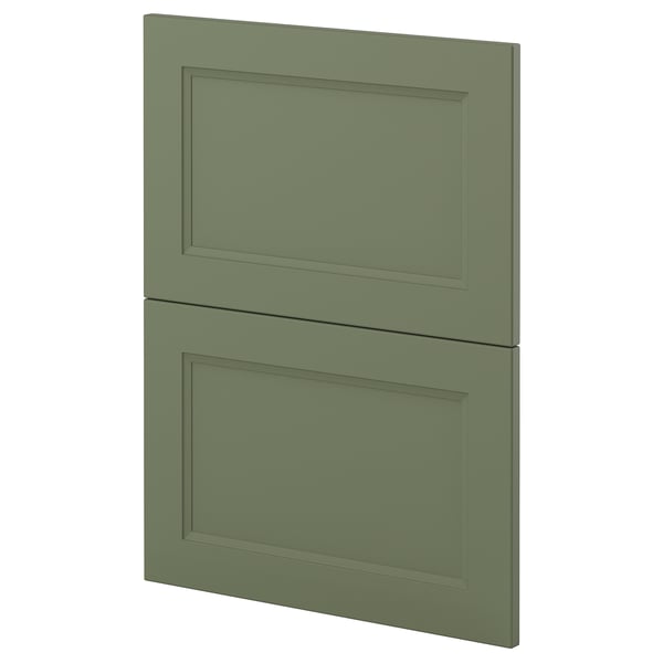 Green kitchen cabinet panels, plain rectangular design, flat surfaces.