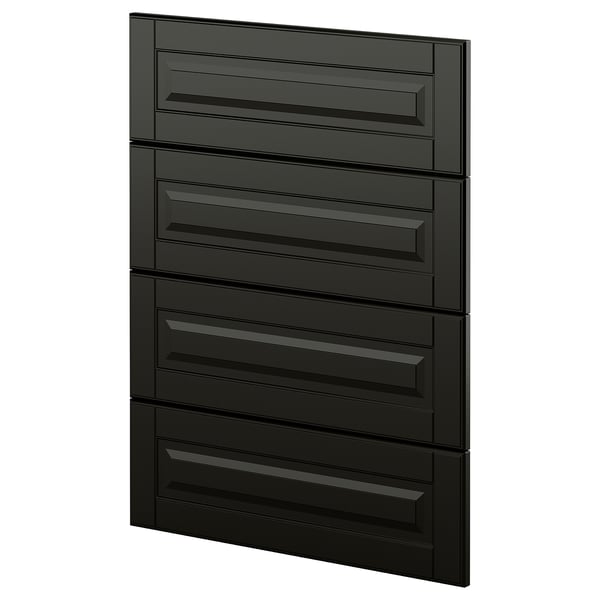 Black modern kitchen cabinets with bevelled edges and vertical lines.