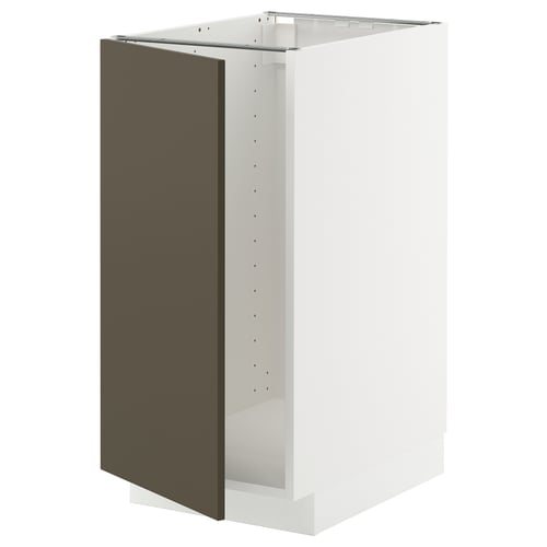 METOD kitchen unit with havstorp dark brown/beige front, white sides, square shape, and modern flat design.