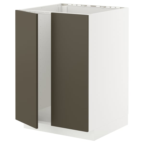 METOD kitchen cabinet with dark brown havstorp doors. White base, rectangular shape.