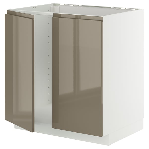 Modern kitchen cabinet, METOD white, glossy dark grey-brown doors, sleek design, metallic handles, sturdy frame.