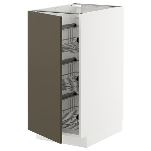 METOD kitchen cabinet with brown/beige door, bronze, rectangular, wire baskets.