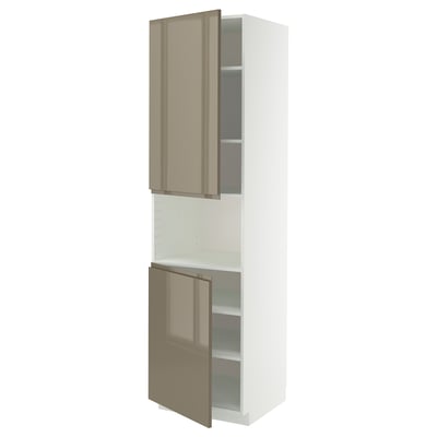 Modern tall kitchen cabinet with high gloss dark grey-brown doors, featuring sleek handles and adjustable shelves.