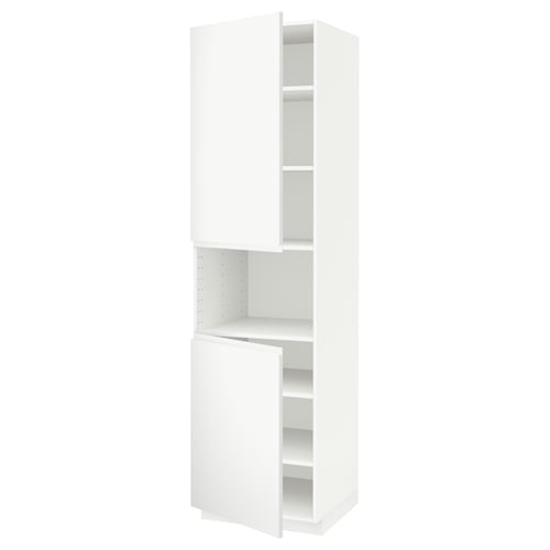 White METOD kitchen cabinet with open door, minimalist design, adjustable shelves.