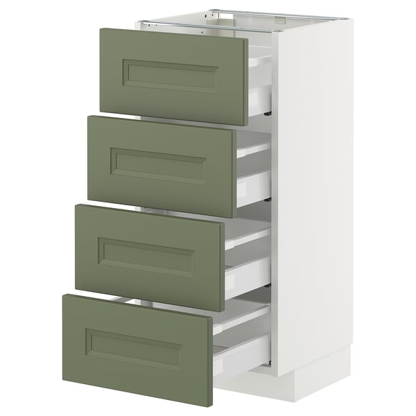 Modern white ikea METOD cabinet with four green drawers, sleek handles, and smooth finish.