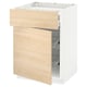 Modern kitchen cabinet, light wood drawers, white frame, open wire shelves, light, natural look.