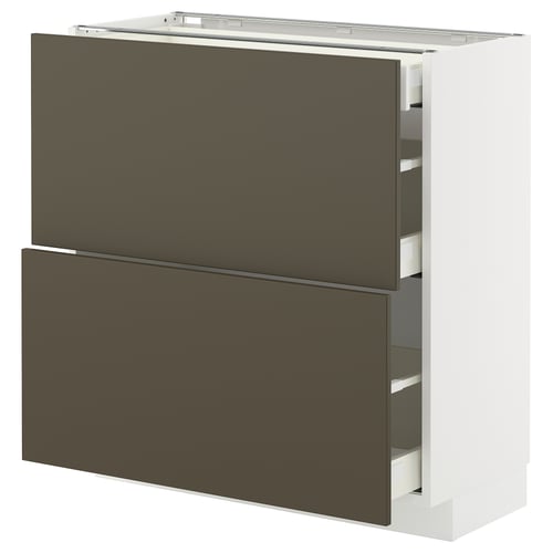 Modern kitchen units in dark brown with white frame, flat design, drawers and shelves.