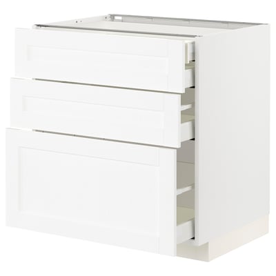 White kitchen cabinet, three drawers, modern design, sturdy frame, smooth sliding.