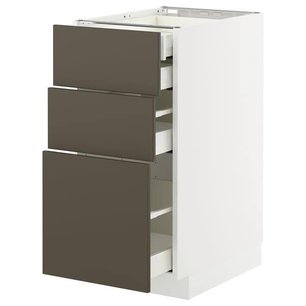 Modern, white METOD kitchen unit with three dark brown drawers, sleek design.