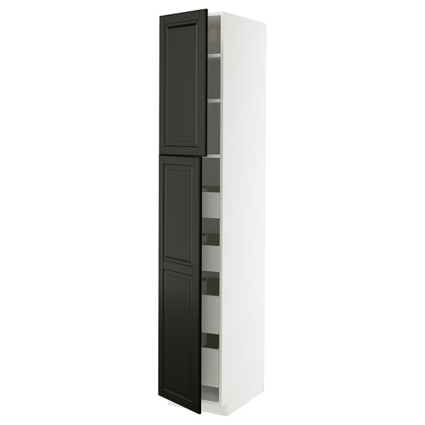 A tall METOD kitchen cabinet with black bodbyn doors and white frames. It has multiple shelves inside.