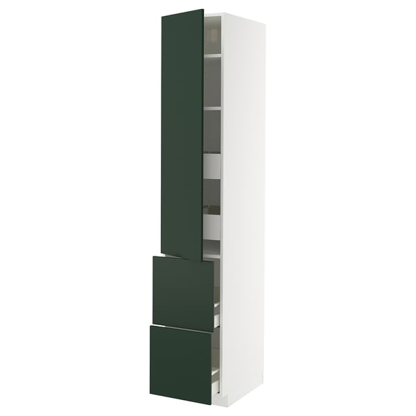 Depicts a tall, white kitchen cabinet with green drawers and doors. It shelves and drawers for storage, with a modern and functional design.