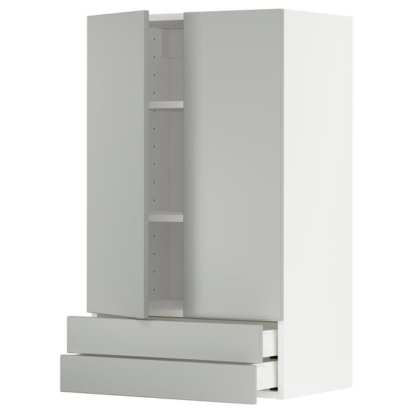 Modern grey METOD kitchen cabinet with double doors and two drawers, tall and sleek.