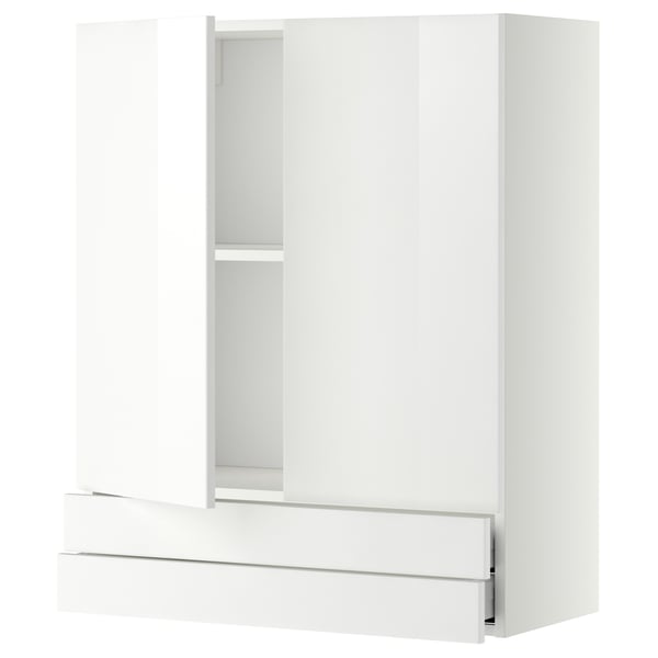 White METOD kitchen cabinet with glossy finish, two doors, one shelf.