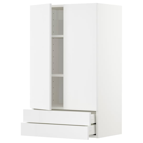 Modern white kitchen cabinet with two drawers and shelf, glossy finish.