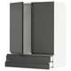 Modern grey kitchen cabinet set with integrated handles and wood texture, featuring both doors and drawers.