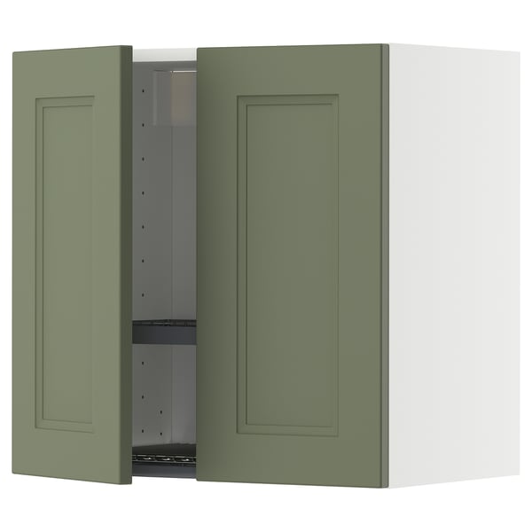 A METOD kitchen wall cabinet with green-gray axstad doors, consisting of two rectangular doors and a square shape.