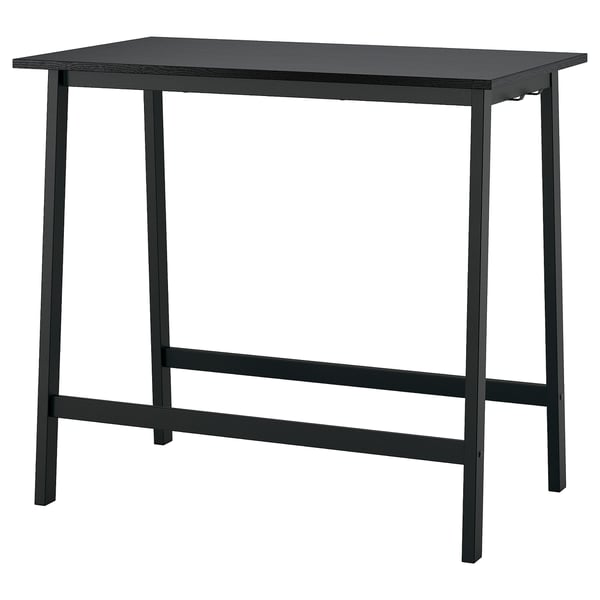 MITTZON conference table - black, rectangular, metal legs, wooden top, sits/stands with footrests.