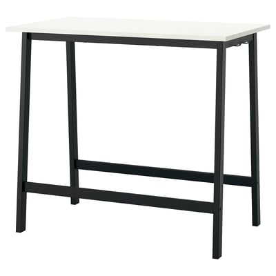 Modern black metal meeting table with white top, four legs, central support, and footrests for seating or standing use.
