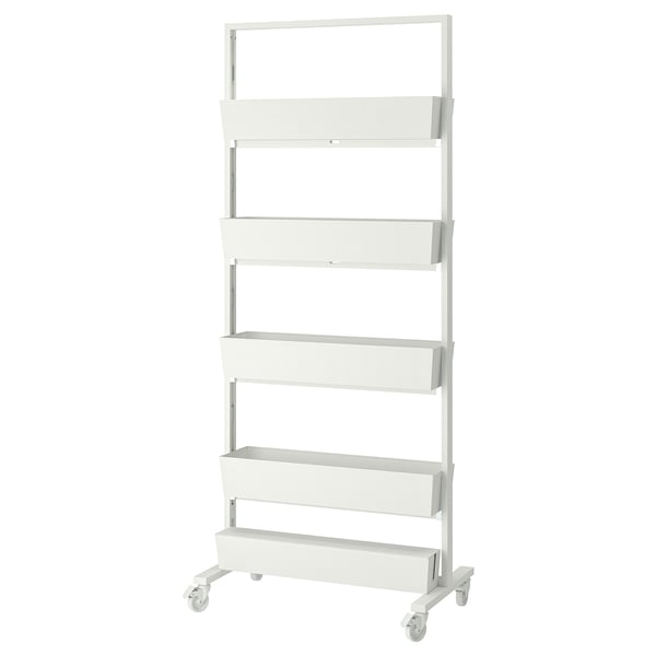 A white MITTZON rolling shelving unit with five compartments, ideal for organising or displaying items, with a minimalist and modern design.