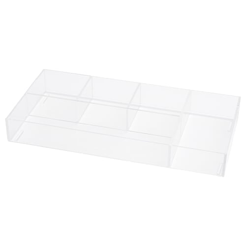 Clear acrylic makeup and desk organiser with multiple compartments.