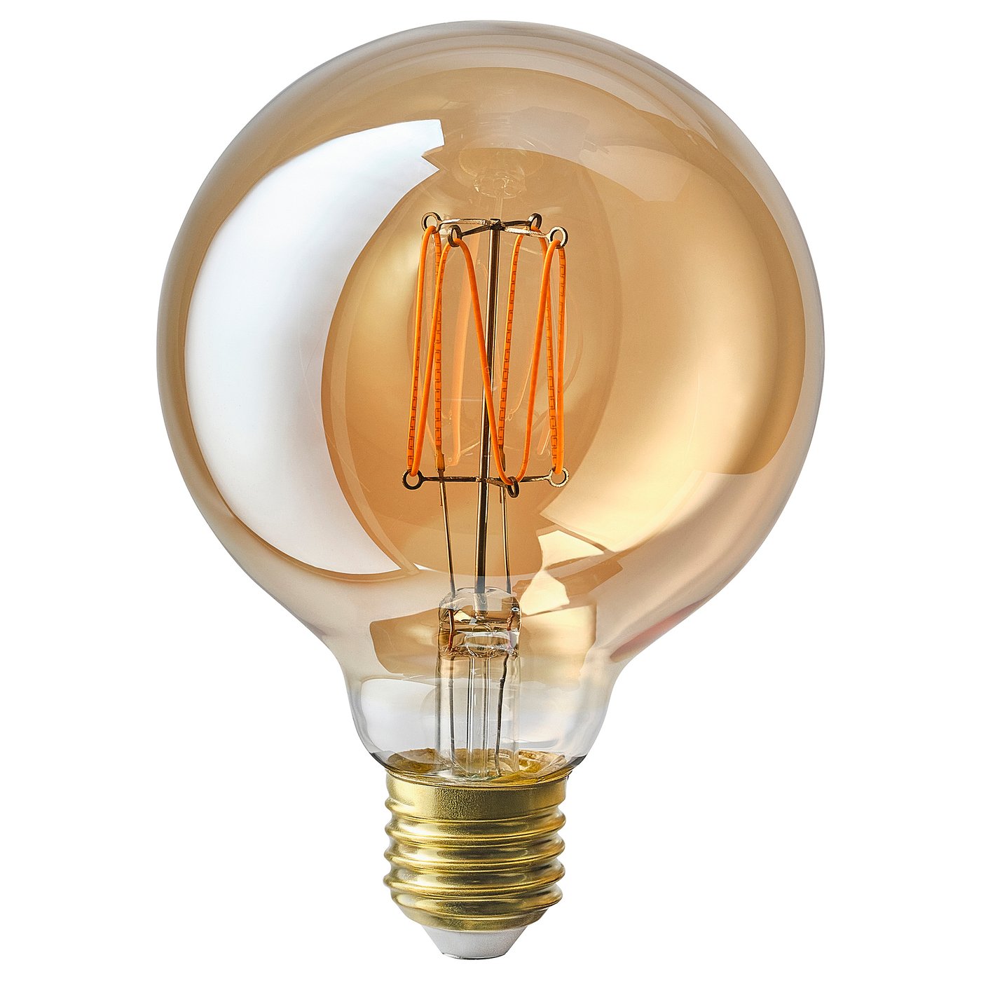 A warm, amber-colored MOLNART led light bulb with a classic, globe shape and a golden base.
