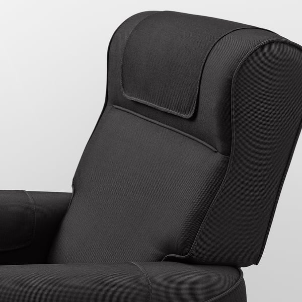 Black recliner chair backrest with sturdy, padded headrest and adjustable support.