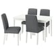 Modern white square dining table with four dark grey upholstered chairs.