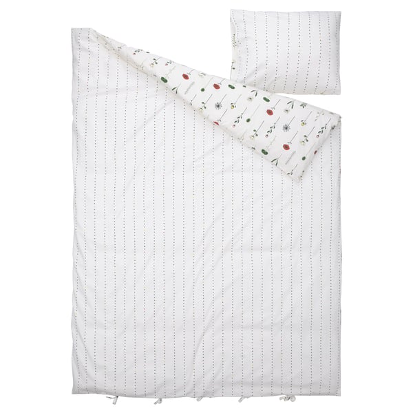 NATTSLÄNDA duvet set, white with floral/dot design, cotton-lyocell blend.