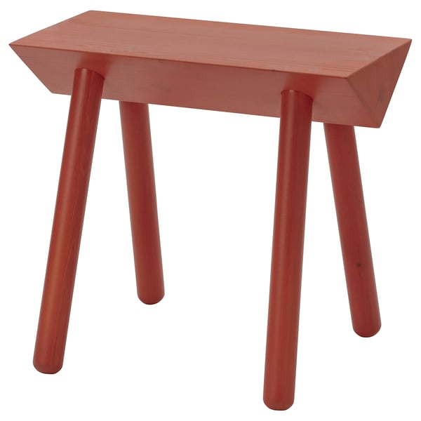 OMMJÄNGE stool - red, solid pine, triangular top, four legs, rustic yet modern.