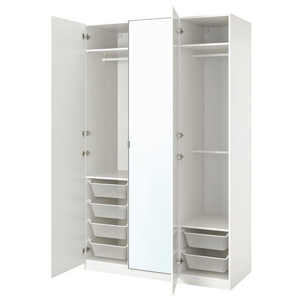 White PAX wardrobe, mirrored doors, mesh baskets, metal rails.