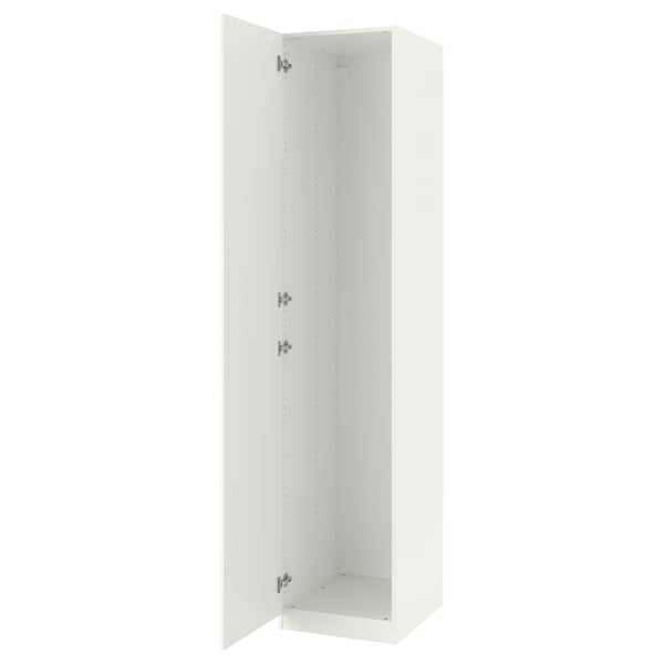 A white PAX wardrobe with adjustable feet and soft-closing hinges. It stands tall and has a sleek, minimalist design.