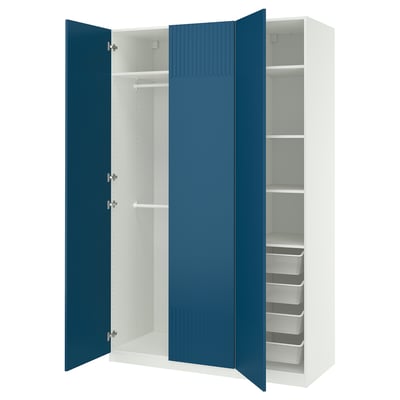 Ikea PAX wardrobe, white with blue-grey doors, 3 open compartments showcasing shelves, hung rail, and mesh baskets.