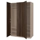 An open beige PAX wardrobe with dark wooden doors. It multiple shelves and a hanging rod inside.