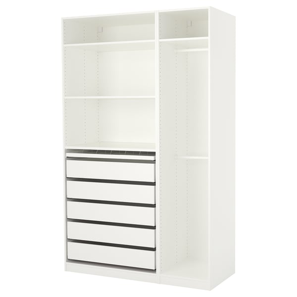 A white ikea PAX wardrobe with drawers and shelves.