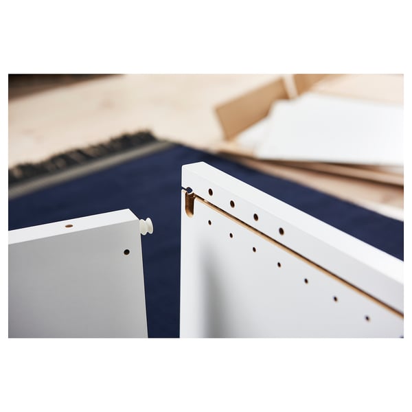 White PLATSA storage frame detail; minimalist design, click-together assembly.