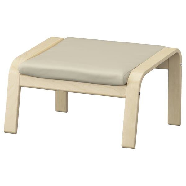 POÄNG footstool: cream-colored leather, wooden frame, curved legs.