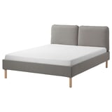Modern grey upholstered bed with cushioned headrest, wooden legs, and white mattress.
