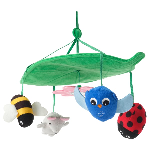 SANDBI baby mobile: green leafy canopy with hanging toys - blue owl, red ladybird, yellow bee, grey mouse. Made from recycled polyester.