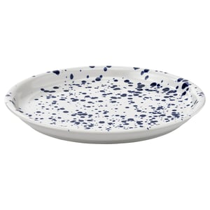 A white ceramic plate with blue speckled design, round shape and slightly raised edges. Part of the SILVERSIDA collection.