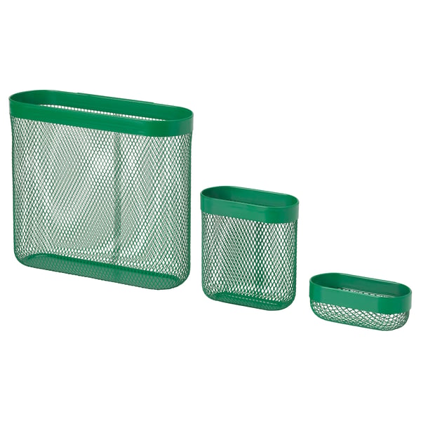 Three green mesh storage containers: large, medium, small; metal, organised, desktop accessories.