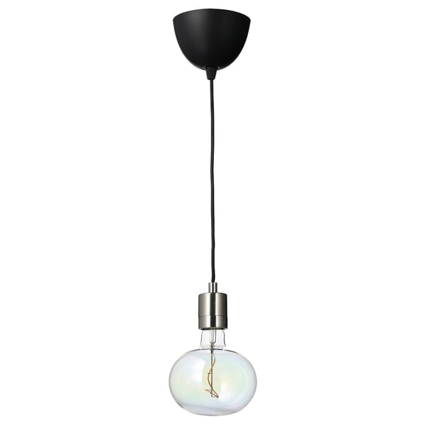 SKAFTET: modern hanging lamp with multicoloured bubble bulb. Nickel socket, led bulb, and minimalist design. Black shade, adjustable cord.