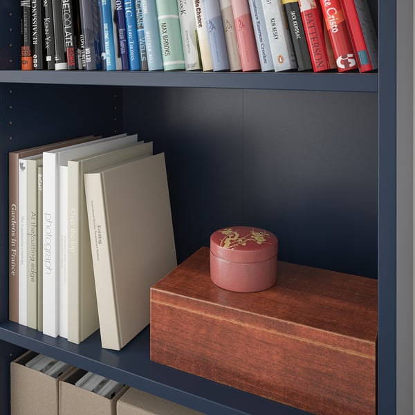 Blue bookcase with wooden shelf holding art books and a red box.