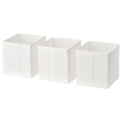 Three white fabric storage boxes, stacked in a row, with vertical handles and zippers, suitable for closets.