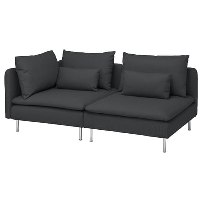 This image an ikea SÖDERHAMN sofa in dark grey, with a low, comfortable design and loose back cushions.