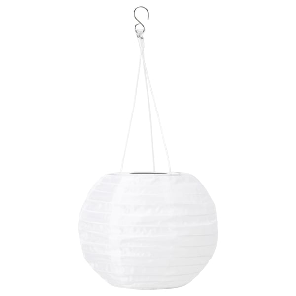 SOLVINDEN hanging lamp, white, round, eco-friendly made with recycled pet, charges solar, soft decorative light.