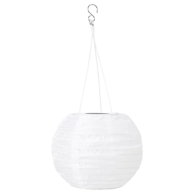 SOLVINDEN hanging lamp, white, round, eco-friendly made with recycled pet, charges solar, soft decorative light.